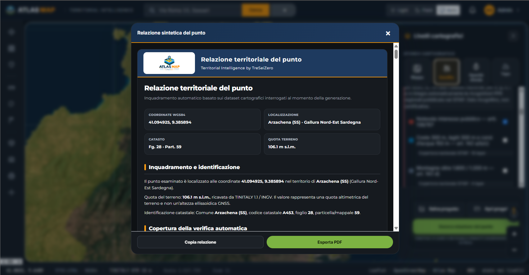 Relazione territoriale AtlasMAP con dati catastali e informazioni del punto selezionato